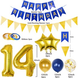 14th Birthday Decorations Boys, Navy Blue Gold Balloons and Happy Birthday Banner, 40 Inch Number 14 Foil Birthday Balloons with Birthday Bunting, for Boys Girls Birthday Decoration
