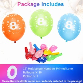 SUSNUAN 8th Birthday Balloons, 12'' Multicoloured Numbers Printed Latex Age Balloons, Birthday Digit Balloons 8 8 Year Old Birthday Decorations, 8th Anniversary Party Supplies