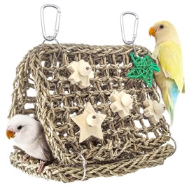 Jevnd Seagrass Handwoven Bird Bed for Cage, DIY Parakeet Nest & Climbing Ladder, Breathable Bird Hammock Tent with Chewable Toys, Cozy Parrot Sleeping Hut for Small Medium Birds Like budgies Lovebirds