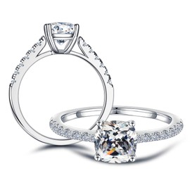 SMILEST 1.5ct Cushion Moissanite Rings for Women, D Color VVS1 Clarity Lab Created Ring 18K White Gold Plated 925 Sterling Silver Moissanite Engagement Rings for Women Wife with Side Stone, 5