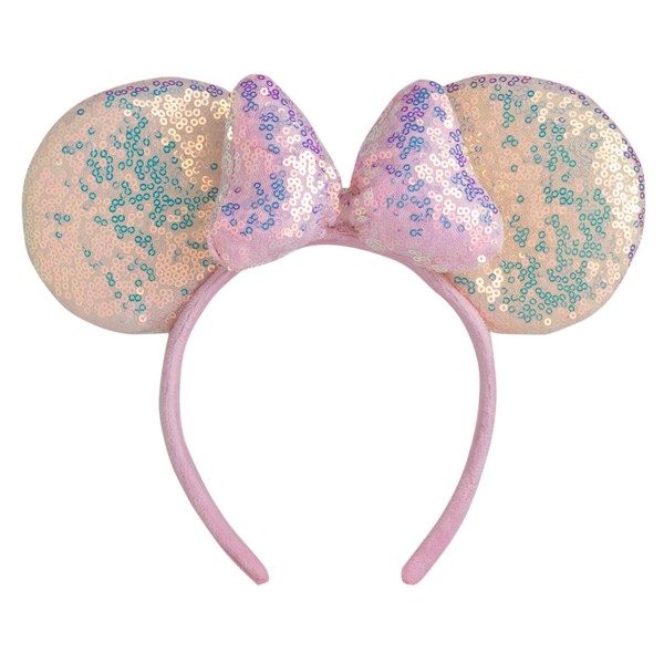 CHuangQi 1pcs Mouse Ears Shiny Headband with 3D Bow, Double-sided Sequin Hair Band for Birthday Party or Amusement Park (Pink Ears Pink Bow)