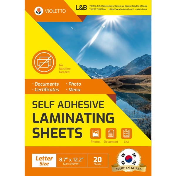 [VIOLETTO] 20 Sheets - Self Adhesive Laminating Sheets for Ultimate Protection. No Machines Needed, 4 Mil Thickness, 8.5 x 11 Inches. Effortless, Durable & Perfect for Documents & Photos.