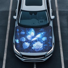 Darisoco Blue Bling Butterfly Car Hood Cover Polyester Elastic Fabrics Washable Suitable for Large SUV and Pickup Trucks 39×59in