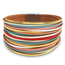 Fesciory Leather Wrap Bracelets for Women, Boho Leopard Multi-Layer Crystal Beads Cuff Bracelet Jewelry (Short Multicolor)