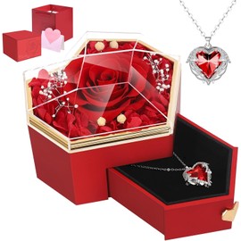 Preserved Rose Flower with Necklace, Diamond Shaped Box Rose Gifts for Mom Wife Grandma on Mothers Day Birthday Wedding Anniversary Valentines Christmas Day (Red)