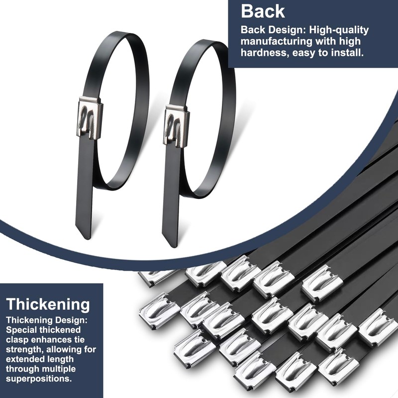 Duthcbw 100PCS 11.8" Black Epoxy Coated Metal Zip Ties, Heavy