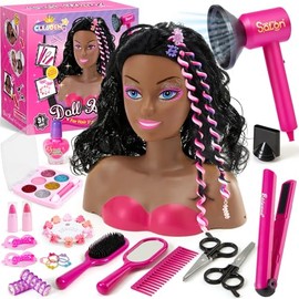 Cleboen Doll Head for Hair Styling Kids, Pretend Play Beauty Salon Makeup Kit with Hair Dryer, Straightener & Real Nail Polish, 35PCS Hair Accessories