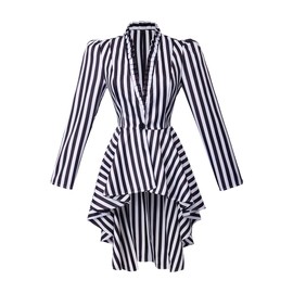 CosplayDiy Womens Steampunk Jacket Gothic Victorian Coat Black and White Stripe Medieval Gothic Tailcoat S