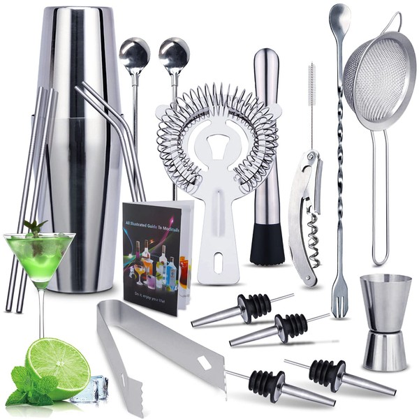 MAISITOO Cocktail Set, Stainless Steel Cocktail Shaker Set, 20-Piece Cocktail Bar Set, Bartender Kit, Cocktail Mixing Set for Home/Bar, with Recipe Book, 750 ml Cocktail Gift Set