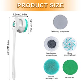 Elektrische Körperbürste Badebürste Rückenbürste Mit 5 AufsäTzen: Rückenbürste mit Langem Stiel IP67 Wasserdicht 3 Geschwindigkeit Spin Reinigung Bürste für Spa Dusche Peeling Massagebürste (Weiß)