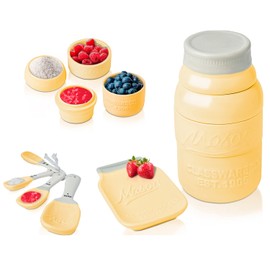 Vintage Mason Jar Kitchenware Set by Comfify - Multi-Piece Kitchen Ceramic Decor Set w/ 4 Measuring Cups, 4 Measuring Spoons and Spoon Rest - Attractive Vintage Style, in Yellow Embossed Ceramic