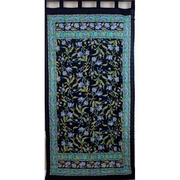 Handmade French Floral Tab Top Curtain 100% Cotton Drape Door Panel Black Blue