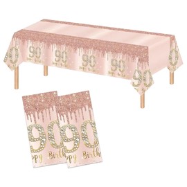 2 PCS 90th Birthday Tablecloth Pink Rose Gold 90th Birthday Table Cover Happy 90th Birthday Decorations for Women Plastic Disposable 90th Birthday Table Cloth 90th Birthday Party Supplies (54"x108")
