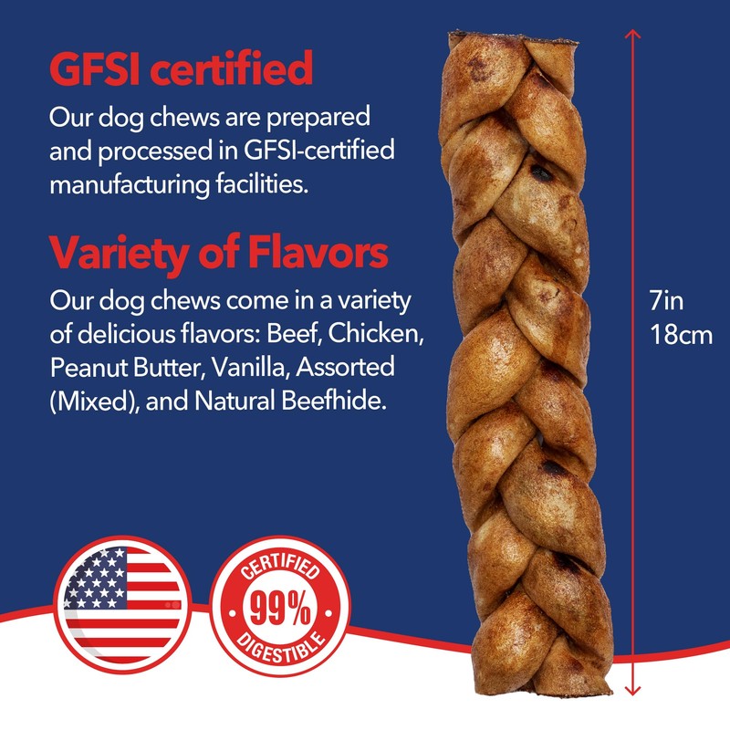Pet Factory 7in Braided Beefhide Dog Chew Sticks with Peanut