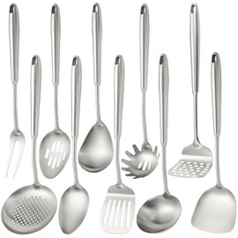 10 PCS Stainless Steel Kitchen Utensil Set Cooking Utensils, Potato Masher Solid Spoon Slotted Spoon Fork Spatula Ladle Skimmer Spoon Slotted Spatula Tunner Spaghetti Spoon Large Spoon