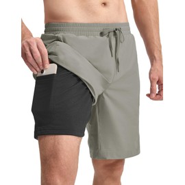 BGOWATU - Bañador 2 en 1 para hombre, con forro de compresión, secado rápido, pantalones cortos de playa de 9 pulgadas con bolsillos, Gris claro, XX-Large