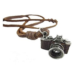 Camera Necklace Brown Leather and Alloy Camera Pendant Adiustable Necklace