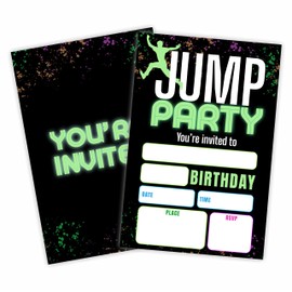 Jump Party Birthday Invitations, Glow Trampoline Birthday Party Invite Cards（20 Count) With Envelopes, Fill In Style Invite Cards For Boys & Girls, Birthday Party Supplies-B01