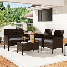 S AFSTAR 4 Pieces Patio Rattan Conversation Set, Patio PE Outdoor Set w/Tempered Glass Coffee Table, Loveseat & Chairs, Zippered Gray Cushions, Wicker Patio Sofa Set for Backyard, Garden & Poolside