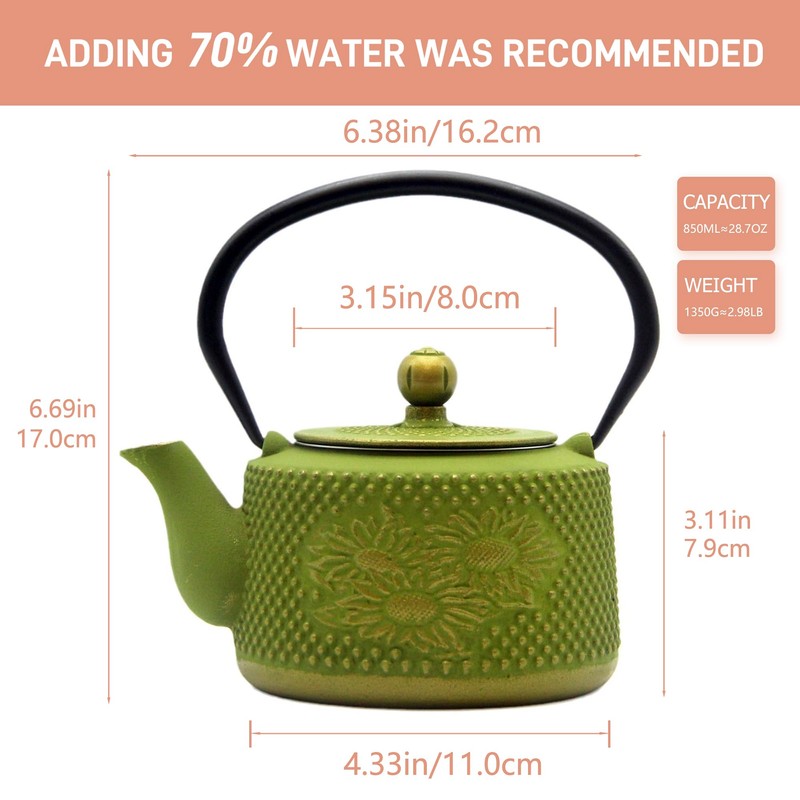 Cast Iron Teapot with Sunflower Pattern,SECHUDO Tea Kettle Coated with
