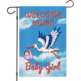 Welcome Home Baby Girl - Stork Design Flag - New Born Greeting Garden Flag - Announcement Flag - Baby Shower Outdoor Decor