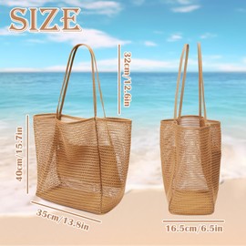 JYJLLM Large Capacity Mesh Beach Bag for Women - Breathable Openwork Tote with Zip Pocket, Waterproof Foldable Design for UK Summer Travel, Picnic, Grocery & Reusable Shopping (coffee)