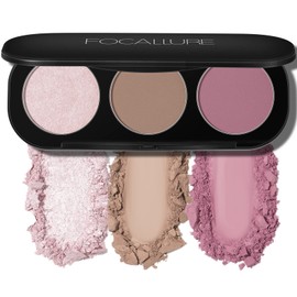 FOCALLURE Paleta de Rubor y Resaltador, Paleta de Contorno 3 En 1, Polvo Bronceador Mate Sin Crueldad Animal, Iluminadores Iluminadores Brillantes par