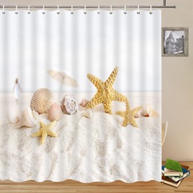 Ocean Beach Shower Curtains Set Starfish Shell Summer Seaside Landscape Pattern Bathroom Decor Polyester Fabric Bath Accessories Curtain 70 x 70 Inch with Hooks