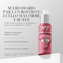 No7 Restore & Renew - Suero multiacción para rostro y cuello, suero antienvejecimiento para reparación profunda de arrugas, cuidado de la piel con inf