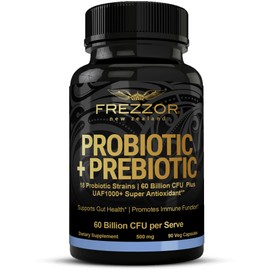 FREZZOR Probiotic + Prebiotic Capsules, Once Daily 60 Billion CFUs, Digestive Health for Men and Women, 18 Strains, Shelf Stable, With Fermented Wholefoods, Prebiotic & Fibre, 90 caps, 1 Month Supply