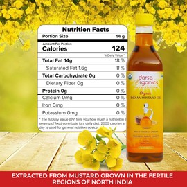 Darsa Organics Cold-Pressed Mustard Oil 33.8 oz (1000ml) – USDA Organic, Unrefined & Chemical-Free, Rich in Vitamin E & Omega-3, Great for Hair & Skin Care, Natural Massage & Remedies