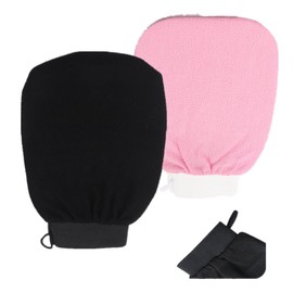 Forwind 2Pcs Exfoliating Bathing Gloves Body Scrub Exfoliating Gloves Bath Massage Gloves With Hanging Loop For Men And Women（Black) (Black+Pink)