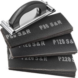 S&R Drywall Sanding Mesh Set, 30 Grid Cloth Sanding Sheets (10 x P80, P120, P220), 280 x 93 mm, with Hand Sander 240 x 80 mm, Robust Silicon Carbide Grain, Ideal for Plaster, Wood, Metal