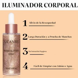 UCANBE Iluminador corporal hidratante con brillo, gotas luminizadoras para el cuerpo, brillo líquido para el rostro, con destellos, ideal para regalar