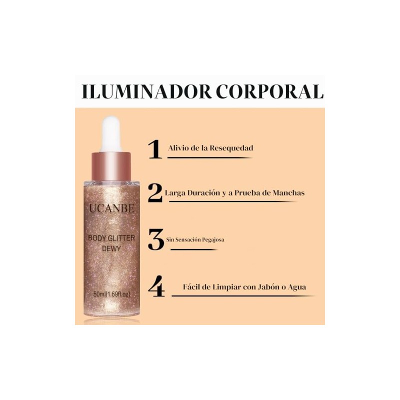 UCANBE Iluminador corporal hidratante con brillo, gotas luminizadoras para el