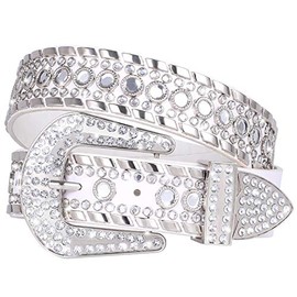 XZQTIVE Rhinestone Studded Western Leather Belt for Men - Women Ladies Vintage Cowgirl Cowboy Bling Design Waist Belts for Pants Jeans Dresses (White,Fit pant 39-44 inch)