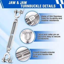 CORDUN 4 Pack 1/4" Stainless Steel Jaw and Jaw Turnbuckle Heavy Duty Turnbuckles for Cables Wire, Shade Sail Hardware, Zipline, Outdoor Applications, Steel Cable Traction, Stretch Fence