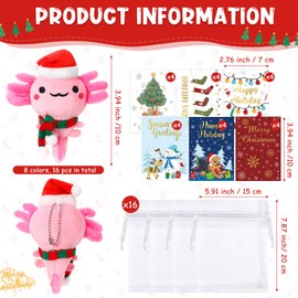 HyDren 16 Sets Christmas Axolotl Plush Toys 4 Inch Stuffed Animal Keychains Mini Axolotl Plush Bulk with Greeting Cards and Organza Bags for Xmas Holiday Birthday Gifts Party Favor Classroom Prize
