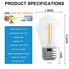 XXCCLLIIGGHHTT S14 LED Replace Light Bulbs for Patio String Light Shatter-Resistant Waterproof Hanging Light Bulbs for Outdoor String Lights Base E26 (30)
