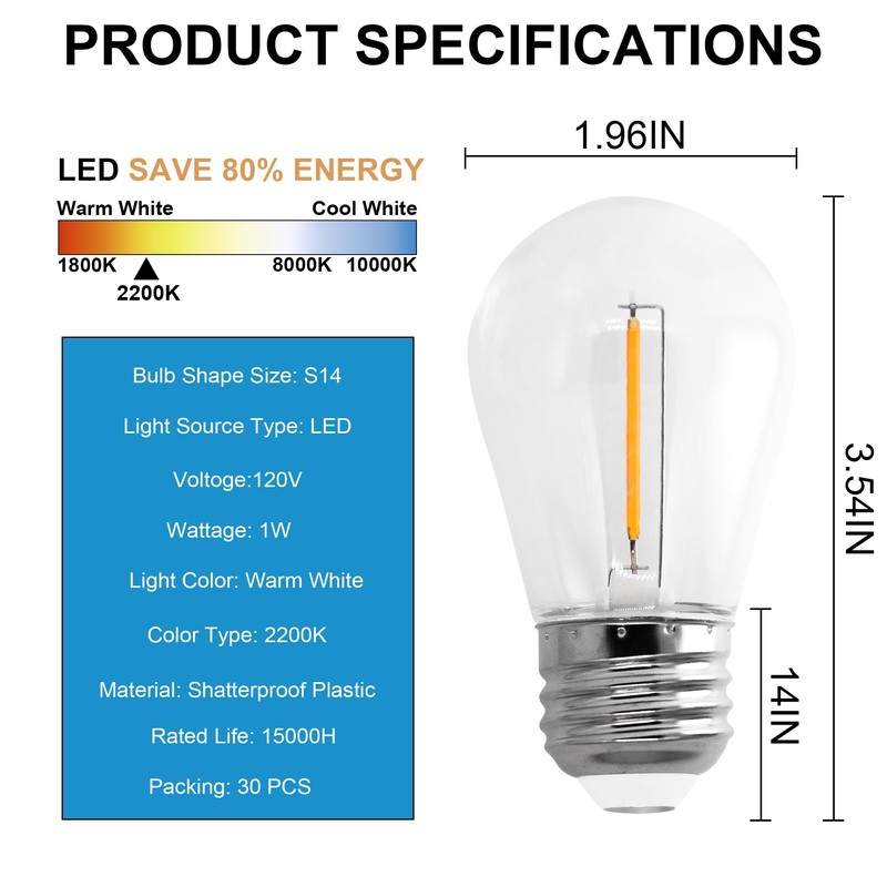 XXCCLLIIGGHHTT S14 LED Replace Light Bulbs for Patio String Light