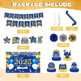 Graduation Decorations Class of 2025, Blue Gold Themed Graduation Party Decorations, Class of 2025 Backdrop, Banner, Hanging Swirl, Honeycomb, Sash, Paper Pom Poms for Congrats Grad Party