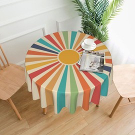 BETGINY Colorful Boho Tablecloth 70x70 Inch Round Rustic Cream Vintage Sun Rainbow Stripes Table Cloth Farmhouse Retro Bohemian Table Cover Decorative for Picnic Party Holiday Home