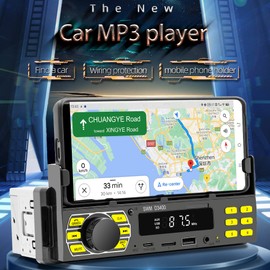 BT Car Stereo Receiver Multifunctional MP3 Player FM Radio Hands-Free Calling U-Disk/TF Card/Aux-in Player Support APP to Find Car/Voice Assistant/Audio Recording with Adjustable Phone Holder Remote Controller Colorful Light