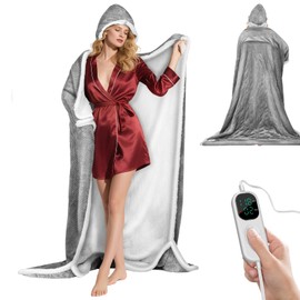 Wearable Heated Blanket with Foot Pocket, Detachable Hood, 8 Heat Settings
