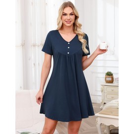 Crewhpo Women's Nightdress Short Sleeve Nightgown V Neck Nightshirt Comfy Nighties Cotton Sleepwear Loungewear Navy Blue