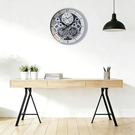 Hnycinj Industrial Wall Clock, Non-Ticking Vintage Moving Gear Battery Operated Original Antique Steampunk Decor Metal Clock for Living Room, Farmhouse, Home Kitchen (Silver-White, 18 Inch)