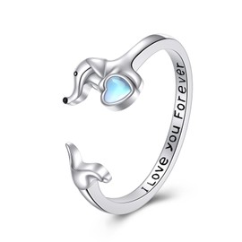 HUKKUN Dachshund Rings for Women 925 Sterling Silver Adjustable Moonstone Dachshund Rings Dog Jewelry Gifts for Women