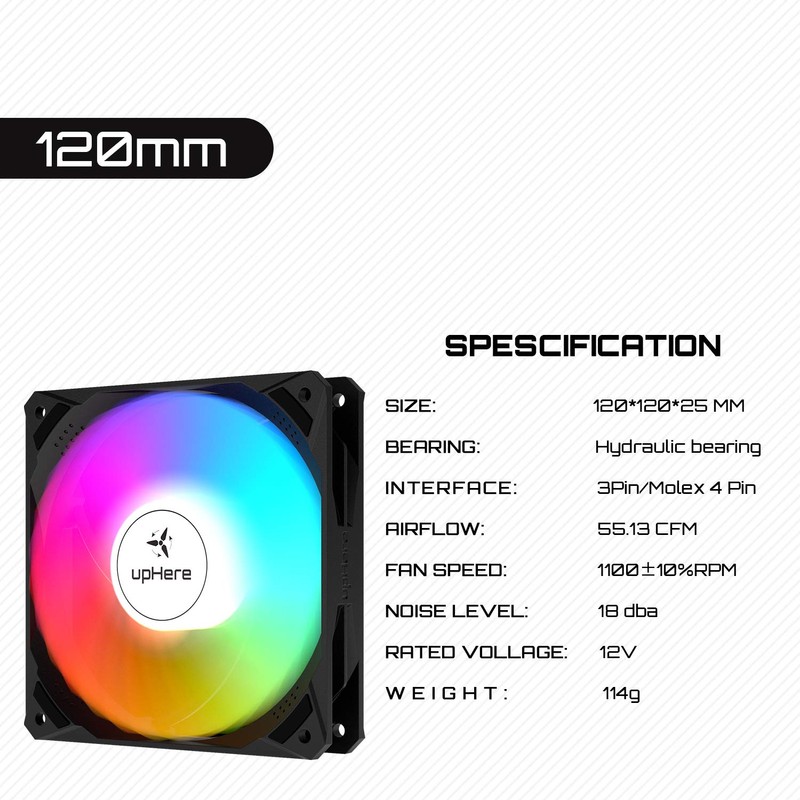 upHere 120mm Rainbow LED PC Case Fan,High Performance Silent Fan