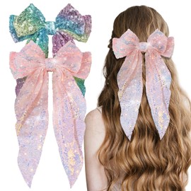 Ninejuize 2Pcs Glitter Hair Big Bows for Women Sequin Hair Bows Clips Sparkly Bowknot Style Barrettes Long Tail Hair Accessories