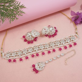 I Jewels Indian Wedding Bollywood Kundan & Pearl Necklace With Earring Maang Tikka Set For Women (K7299Q)